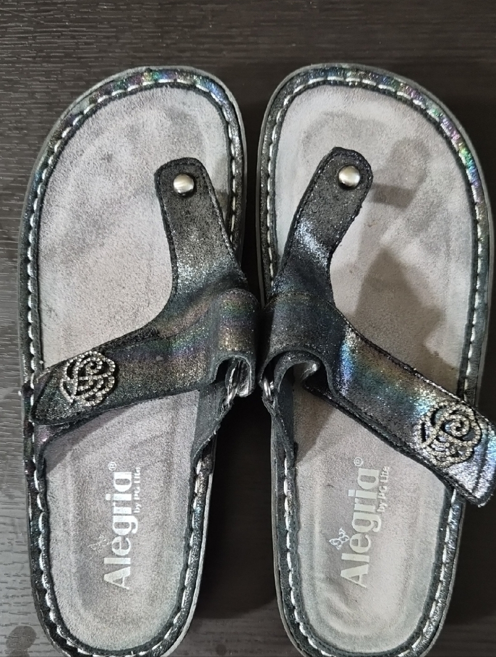 Alegria Iridescent Black Strap Thong Sandals